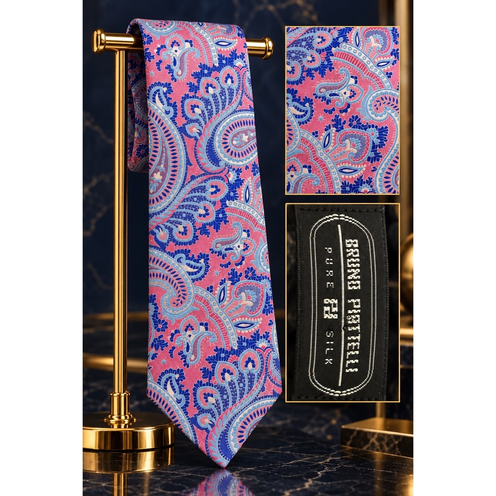 Bruno Piattelli Mens Pink Blue Paisley Silk Tie Made in USA
